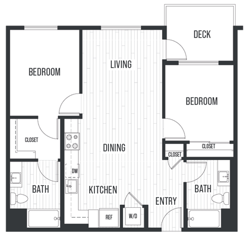 Floor plan for 2 beds, 2 baths, 1005 sqft